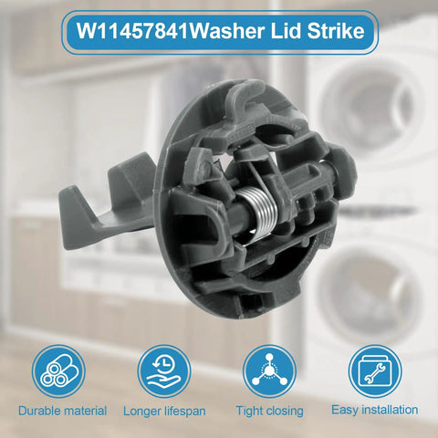 Washer lid strike W11457841 replacement part with spring for secure door closing on front load washer