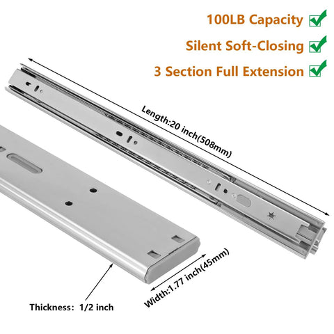 Heavy Duty 20 Inch Soft Close Drawer Slides With Hydraulic Damper For Zero Slam Action showing full extension and dimensions.