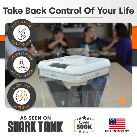Countdown Timed Lock Box for Snacks and Valuables With Self Control Timer on table, white lid, 3.0 inch base, focus on display.