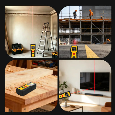 The Slick Pocket Laser Distance Meter Spanning 165 Feet With Dead Nuts Accuracy And Rapid Foot Or Metric Toggle placed on a work table.