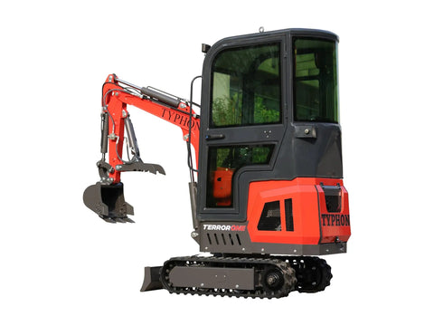 Compact 1.1 Ton Mini Excavator With Enclosed Cab And Hydraulic Thumb Attachment, showcasing a tracked design for tight job sites.