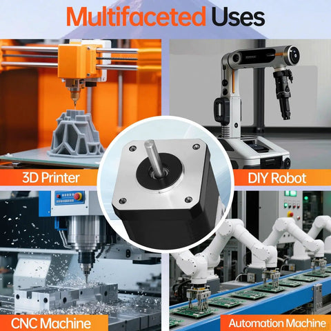 Multifaceted uses of Nema 17 Stepper Motor With Plug And Play Driver 1.8 Degree 2 Phase High Torque in 3D printers, DIY robots, and CNC machines.