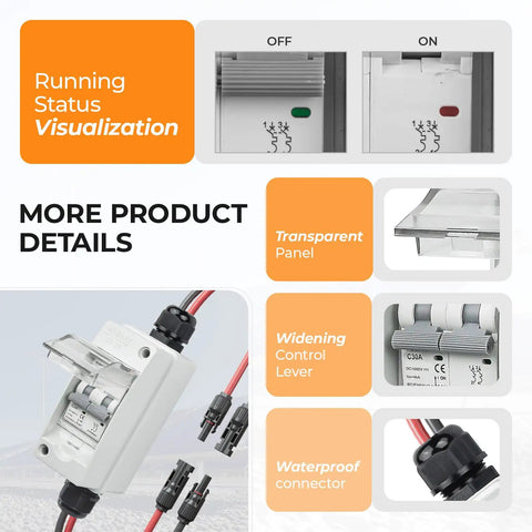 No Fuss Solar Panel Disconnect Switch 1000V 30A PV Breaker IP65 with transparent panel and waterproof connectors