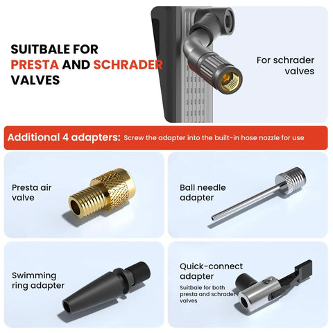 Mini Bike Tire Pump With 150 PSI Fast Inflation And Auto Stop Gauge Presta And Schrader Valve showing valve adapters