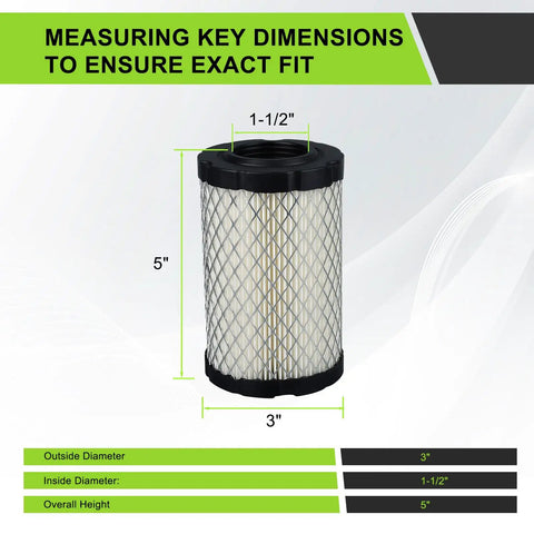 Air Filter MIU14395 For John Deere D100 D105 D125 D130 D140 D110 E100 E120 E130 E140 LA135 LA145 Z235 Z255 X330 showing dimensions