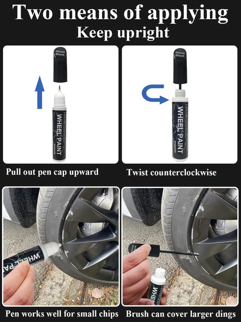 Gloss Black Wheel Touch Up Paint Pen For Quick Car Rim Scratch And Rock Chip Repair Universal Auto Refinish Marker shown with application methods.
