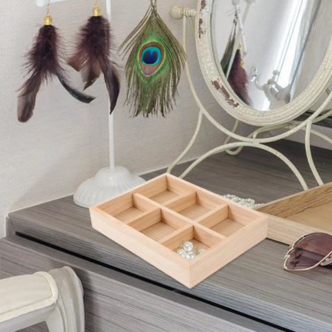 Six Compartment Pine Wood Jewelry Tray, Rustic Desktop Catch All For Rings And Necklaces, Chic Divided Organizer on a vanity.