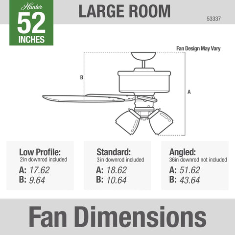 Diagram showing dimensions for Donegan Fresh White 52 Inch Ceiling Fan With LED Light Kit Pull Chain Quiet Multi Speed Reversible Motor