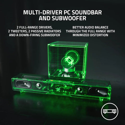 Next Level PC Gaming Soundbar And Wired Subwoofer With Dual Drivers Delivering Sick Bass THX Spatial 7.1 Surround Sound Setup That Will Blow Out Your Speakers In Classic Black, featuring transparent design and illuminated drivers.
