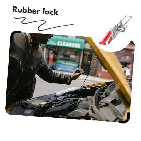 Man inspecting car engine with rubber lock graphic, featuring Rubber T Handle Draw Latch For Toolboxes Hoods And Machinery.