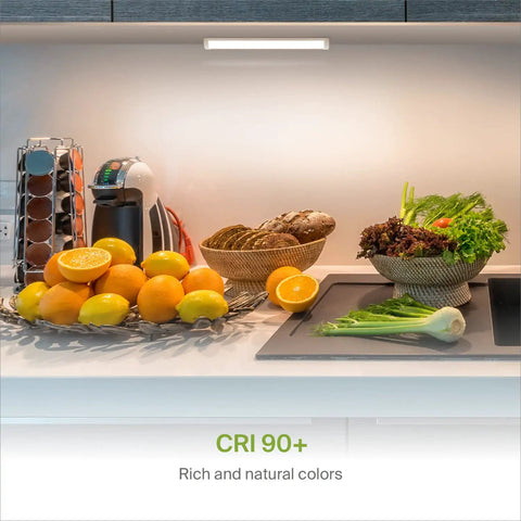 Under Cabinet Lighting 12 Inch 5W 325 Lumens Dimmable Hardwired Kitchen Light Fixture With Bullnose Edge illuminating countertop.