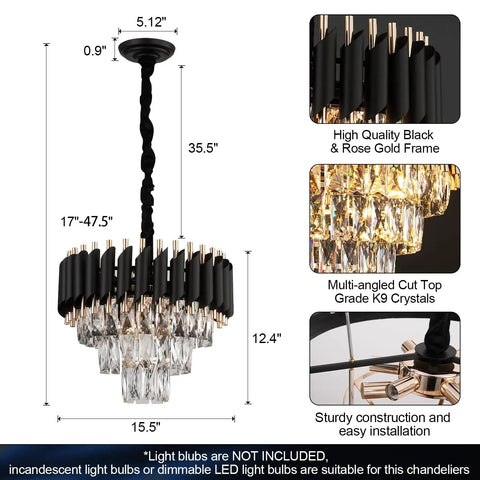 Three Tier Black Rose Gold Crystal Chandelier Round 16 Inch Flush Mount Pendant Light Dimmable Ceiling Fixture dimensions