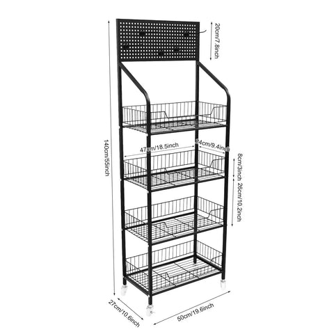 Heavy Duty 4 Tier Wire Shelving Storage Rack With Tough As Nails Metal Shelves And Raised Edge Baffles, black wire design with dimensions.