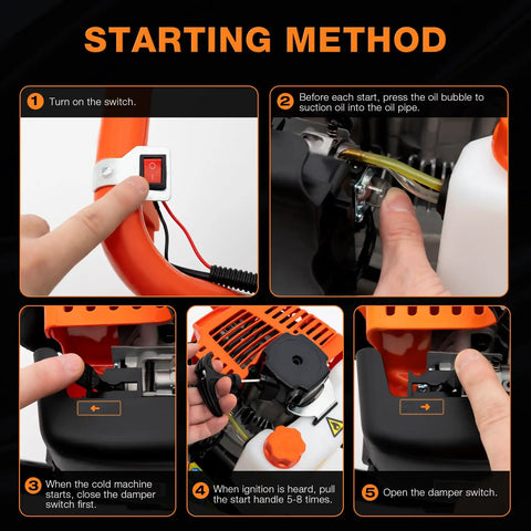 Step-by-step starting instructions for Gas Powered Earth Auger With 52cc Two Stroke Engine, 1700W, Post Hole Digger