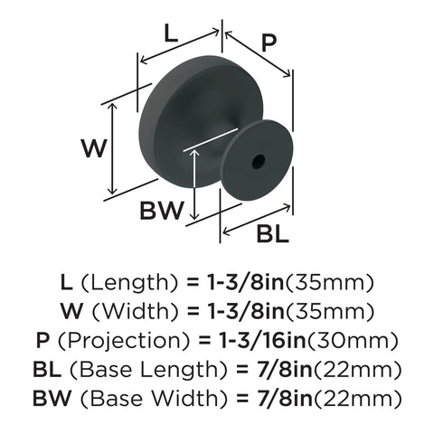 Sleek Round Matte Black Cabinet Knobs Featuring Sturdy Metal Construction Flexible 1 3 8 Inch Fit For Pantry Drawers And Vanity Tops Contemporary Furniture Hardware Straight Up Hits Different dimensions illustration.