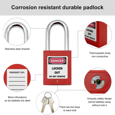 Close-up of durable padlock with features for Three In One Lockout Tagout Kit For OSHA Safety Compliance including two keys.