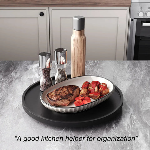 Real Deal Bamboo Lazy Susan Organizer For Kitchen Cabinet Super Slick Rotating Swivel Tray Large Black Turntable with food and spices.