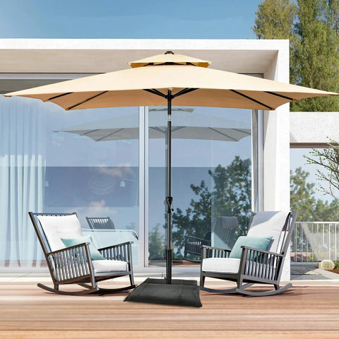 Heavy Duty Sandbags For Outdoor Umbrella Base Set Of 2, Weatherproof Sunshade Weights, shown securing patio umbrella in garden