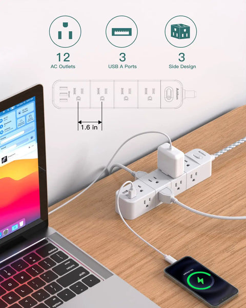 Surge Protector Power Strip With Twelve Outlets And Three USB Ports, Five Foot Extension Cord, Flat Plug, Wall Mount, ETL Listed, Space Saving Outlet Extender For Dorm, Home Office Or Workshop with plugged-in devices on a desk.