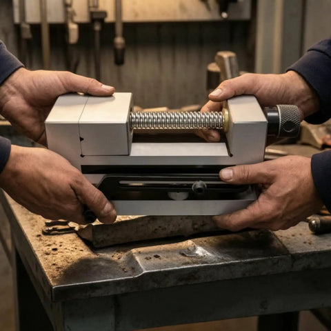 Precision Swivel Vise Machine Workholding Clamp With Graduated Rotation And Secure Jaw For Accurate Fixturing Perfect For CNC Milling Grinding Shop Operations 3 Inch Size held securely by two hands on a workbench.