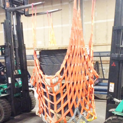 Heavy Duty Cargo Lifting Net 1x1m flat sling lifting a load with forklift, durable transport net for safe cargo handling, 500kg capacity.