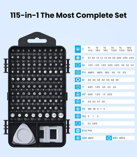 115-In-1 Precision Screwdriver Set With Pro-Grade Magnetic Bits for electronics repair, showing magnetic bits and tools