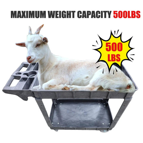 Heavy Duty Plastic Utility Cart With Dual Shelves Bearing Five Hundred Pounds with a goat resting on top deck.
