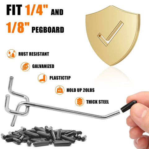 4 Inch Pegboard Hooks 25 Pack Pegboard Organizer Kit For Garage Storage And Tool Workshop Organization, Heavy Duty L Shape Hooks With 20lb Capacity Fits Standard Pegboards At Home Or Shop shown with metal hook details and 1/4" and 1/8" pegboard compatibility.
