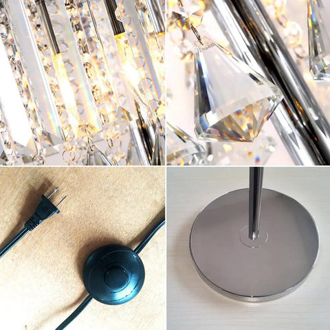 Cozy Elegant Modern Crystal Floor Lamp With Chrome Finish, 59 Inch Tall, close-up of crystals, base, and plug details