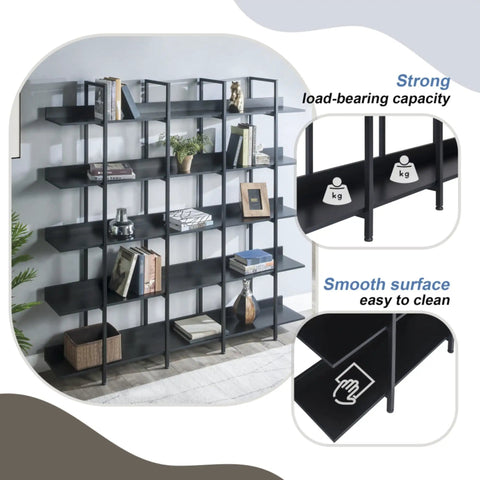 Five Tier Industrial Bookshelf With Extra Wide Open Shelves MDF Panels Heavy Duty Steel Frame Anti Tip Kit Adjustable Feet