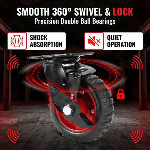8 Inch Built Tough Heavy Duty Rubber Casters Set Of Four With Swivel Brakes And Knobby Tread for smooth 360° swivel and quiet operation