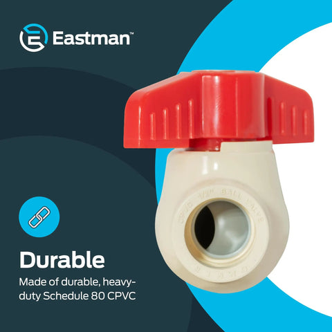 One Half Inch CPVC Slip Ball Valve White Heavy Duty Quick Release Water Shutoff Switch No Sweat Design For Cramped Corners And Smooth Diy Plumbing Tasks from Eastman with a red handle.