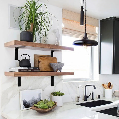Bad Ass Black Heavy Duty Wall Mount Shelf Brackets 4 Inch L-Shaped Steel Brackets support wooden shelves in a modern kitchen.
