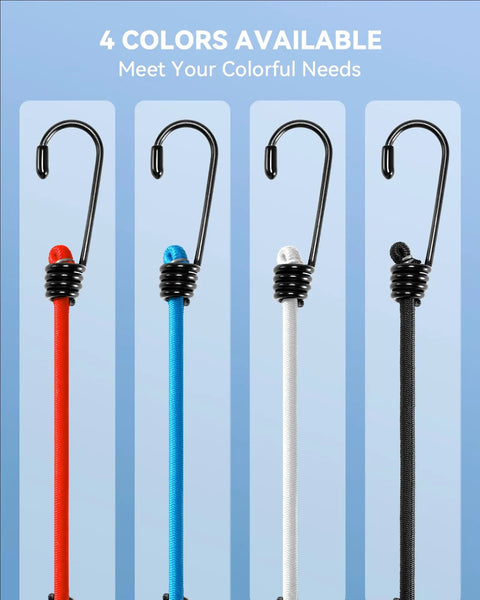 Mini Bungee Cord Set With 20 Pcs Assorted Sizes 2 Inch 4 Inch 6 Inch 8 Inch 6mm Diameter in red, blue, white, and black