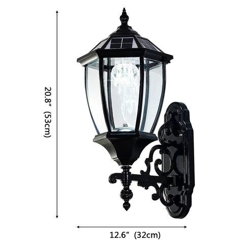 Solar Powered Wall Lamp With Light Sensor Auto On At Night Waterproof Outdoor LED Hexagonal Sconce Black View with Dimensions