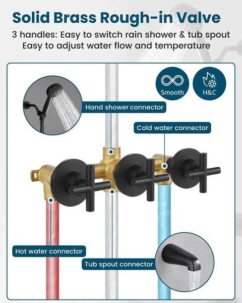 Slick Three Handle Tub Shower Faucet Set With Six Mode Handheld Sprayer And Matte Black Finish Straight Up Reliable Bathroom Renovation Kit With Built In Valve Included showing solid brass rough-in valve with three handles and connectors.