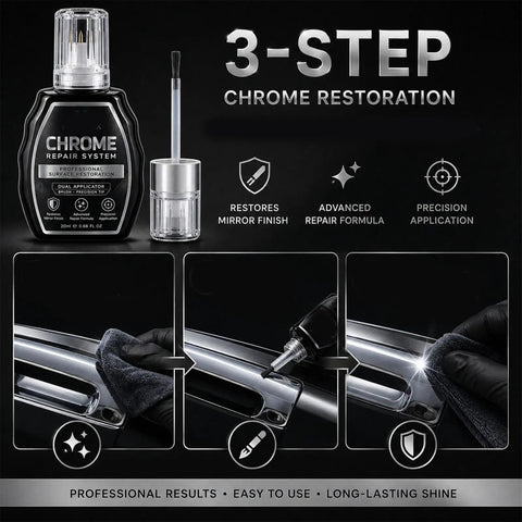 Professional Chrome Repair Pen Nails That Slick Mirror Finish Which Takes Care Of Chips Scuffs And Scratches On Bathroom Fixtures And Metal Hardware For A Legit Factory Fresh Gloss. Image of a chrome repair kit showing the dual applicator and restoration steps.