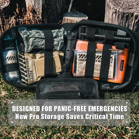 Front view of Rhino Rescue IFAK trauma kit in black MOLLE pouch opened to reveal orange CAT tourniquet and medical supplies.