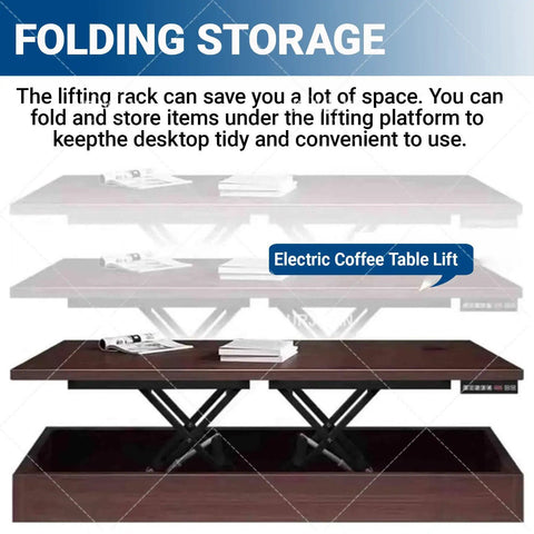 Smooth And Smart Electric Scissor Lift Table Motor Kit For Your DIY Home Furniture Elevator Project Adds Major Stability Plus Super Easy Convenience To Your Work Space Or Workshop Setup Right Now, showcasing a coffee table with folding storage.