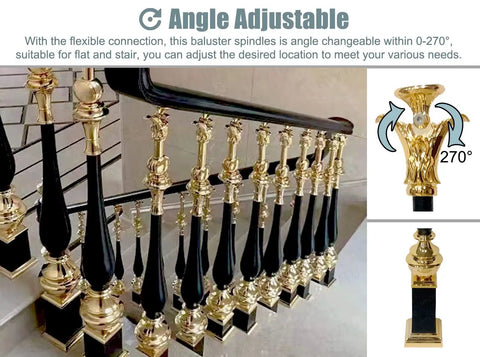 Rock Solid Aluminum Stair Balusters And Cuttable Deck Railing Spindles With Easy Install Adjustable Angles For Indoor Outdoor Porch Balcony Projects Pro Level Pack Of 10, showing adjustable black and gold balusters.