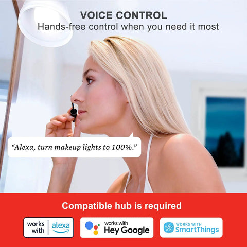 Woman using voice control with Alexa for Zigbee Smart Light Bulbs With Hub Required For A No Fuss Seamless Smart Home.
