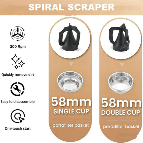 Electric Espresso Knock Box With Automatic Portafilter Cleaner for No Sweat Coffee Puck Disposal and Effortless Barista Counter Setup Perfect for Home Brews or Cafe Crews Today showcasing 58mm single and double cup portafilter baskets and spiral scraper.
