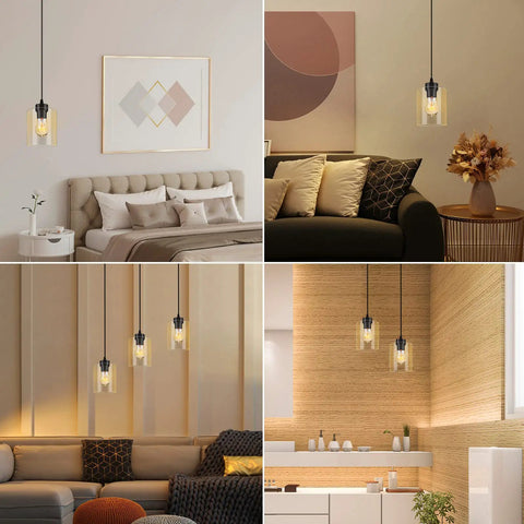 Industrial Pendant Light With Clear Glass Shade In Matte Black For Kitchen Island Living Room Hallway Bedroom Dining Bar Modern Farmhouse Ceiling Hanging Lamp Dope Style Lighting Fixture shown in various modern room settings.