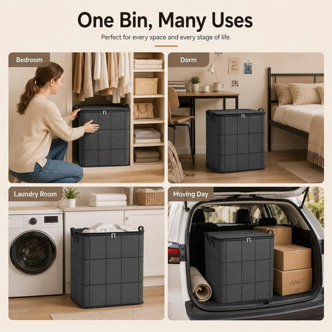 Big Roomy Fabric Storage Tote With Smooth Dual Zipper Foldable Closet Organizer For Quilts Bedding Moving Seasonal Coats displayed in various settings.