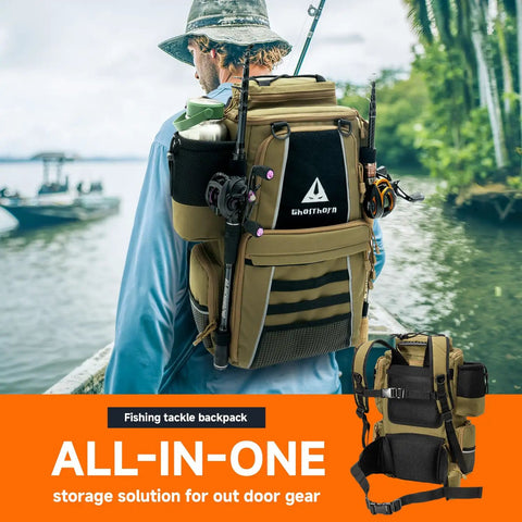 Angler with Fishing Tackle Backpack With 4 3600 Tackle Boxes Rod Holder And 43L Waterproof Large Gear Bag by river