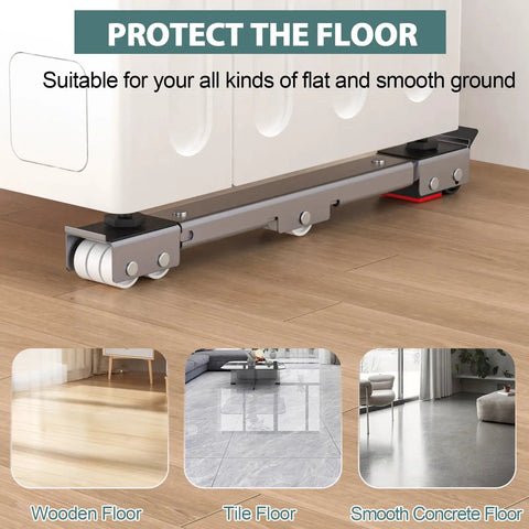 Extendable Appliance Sliders Heavy Duty Anti Slip With Lifter Lever Tool installed under washer on wooden floor