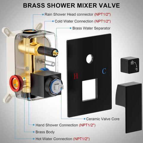 Straight Up Tough Matte Black Shower Faucet Set Featuring A 10 Inch High Pressure Rain Shower Head And Solid Brass Pressure Balance Valve showing brass mixer valve components.