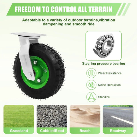 8 Inch Pneumatic Plate Caster Set Featuring Air Filled Rubber Tires And Galvanized Steel Plates showing swivel wheel adaptable to various terrains.
