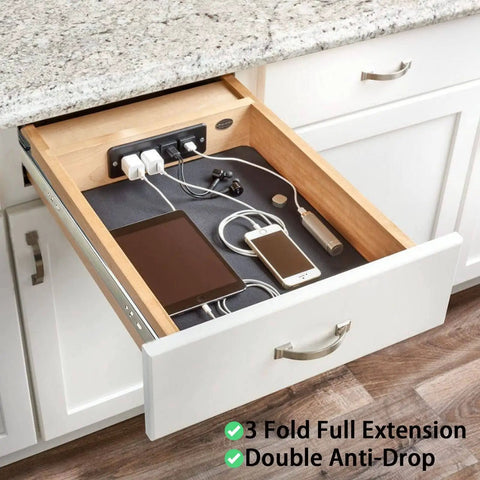 Soft Close 22 Inch Drawer Slides For Heavy Duty Side Mount Cabinets, installed in kitchen drawer with full extension.