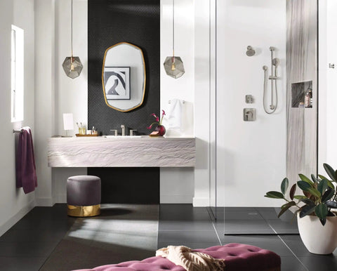 Modern bathroom with Genta LX 1-Handle M-CORE Transfer Valve Trim Kit for shower control in brushed nickel visible in shower area.
